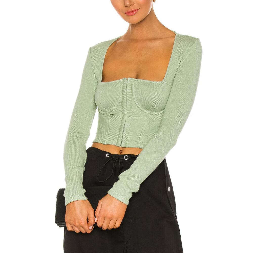 Jonathan Simkhai Bustier Top Mint Recycled Rib Knit Crop Long Sleeves Size M